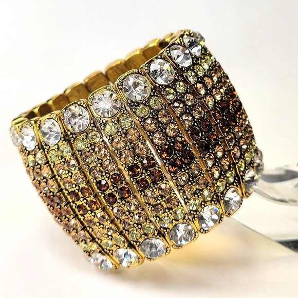 Shimmering Clear Rhinestone Sparkly Gold Tone Formal Thick Bracelet - Picture 1 of 13